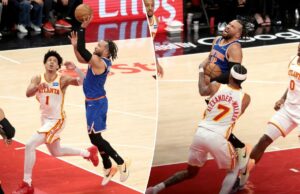 O estado do ataque dos Knicks está exaustivo Jalen Brunson O guarda do Knicks, Jalen Brunson (11), sobe para um chute enquanto o atacante do Atlanta Hawks, Jalen Johnson (1), o persegue durante o quarto período.