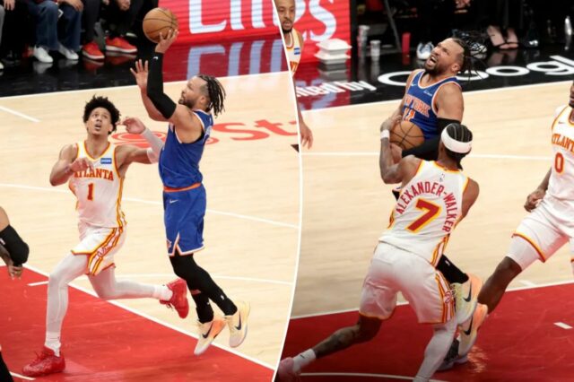 O guarda do Knicks, Jalen Brunson (11), sobe para um chute enquanto o atacante do Atlanta Hawks, Jalen Johnson (1), o persegue durante o quarto período. 