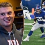 O guarda do New York Giants, Shane Lemieux, é entrevistado pela mídia após o treino no centro Quest Diagnostics, terça-feira, 5 de setembro de 2023, em East Rutherford, Nova Jersey.