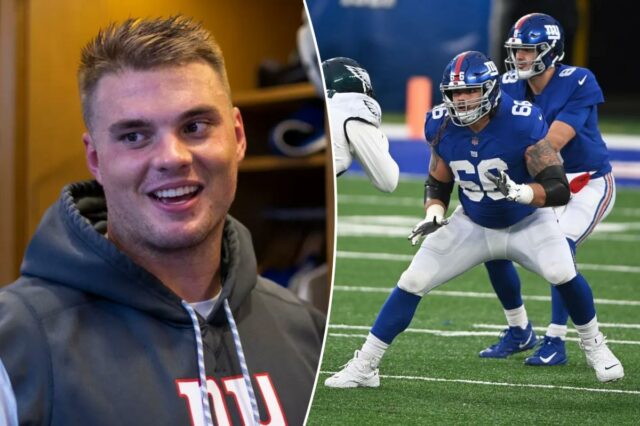 O guarda do New York Giants, Shane Lemieux, é entrevistado pela mídia após o treino no centro Quest Diagnostics, terça-feira, 5 de setembro de 2023, em East Rutherford, Nova Jersey.  