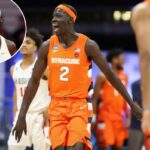 John Bol Ajak nº 2 do Syracuse Orange comemora a vitória contra os San Diego State Aztecs no jogo da primeira rodada do Torneio de Basquete Masculino da NCAA de 2021 em Hinkle Fieldhouse em 19 de março de 2021 em Indianápolis, Indiana.