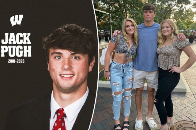 O ex-tight end do Wisconsin Badgers, Jack Pugh, com duas mulheres.