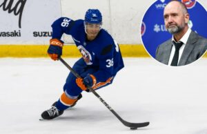 O final da temporada regular dos Islanders terá uma sensação de teste de pré-temporada O defensor do New York Islanders, Isaiah George (36), patina durante o treino.