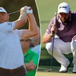 Sam Burns, dos EUA, assiste à sua tacada inicial no buraco 17 durante a terceira rodada.