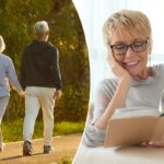 Um casal de idosos em roupas esportivas caminhando juntos em um caminho em um parque verde no verão.