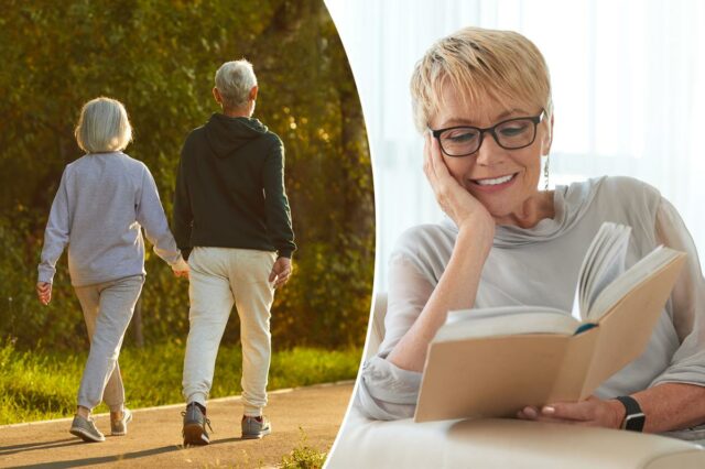 Um casal de idosos em roupas esportivas caminhando juntos em um caminho em um parque verde no verão.