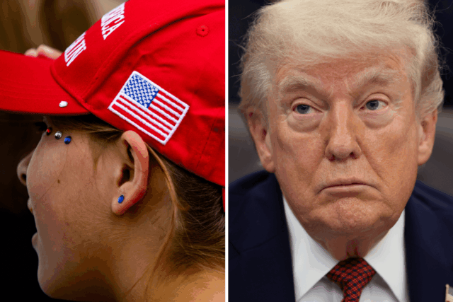 Left: A young attendee wearing a 'MAGA' hat waits in line ahead of a Town Hall event with Donald Trump at Macomb Community College on September 27, 2024 in Warren, Michigan. Right: Donald Trump speaks in the Oval Office after signing an Executive Order April 18, 2026 in Washington, DC.