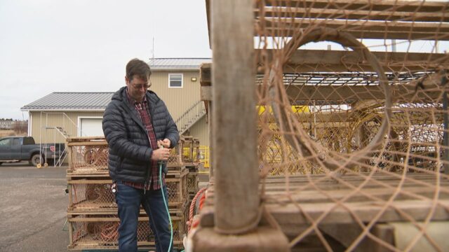 Um homem é retratado em um cais com armadilhas para lagostas em primeiro plano.