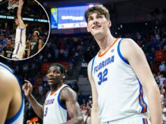 O jogador de basquete universitário mais alto de todos os tempos, Olivier Rioux, encontra um novo lar depois de deixar a Flórida O centro da Flórida, Olivier Rioux (32), enterrou o guarda do Prairie View A&M Jannoy Thomas (10) e o atacante Hassane Diallo (11) durante um jogo do torneio de basquete universitário da NCAA.