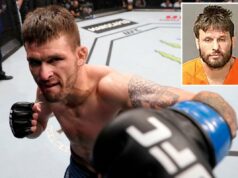 O lutador do UFC Tim ‘Dirty Bird’ Means supostamente deu uma cabeçada, deu um soco e sufocou a filha adolescente – e jogou uma batata em sua cabeça Tim Means comemora vitória por finalização no octógono do UFC.