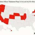 O mapa mostra os estados dos EUA onde o salário mínimo é de pelo menos US$ 15 por hora