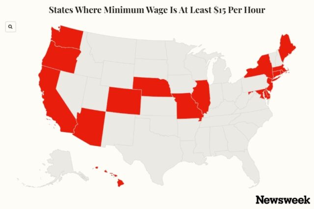 O mapa mostra os estados dos EUA onde o salário mínimo é de pelo menos US$ 15 por hora
