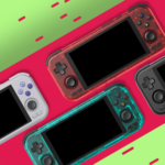 Um smartphone emulando um console portátil retrô, contra um fundo neon em estilo retrô.