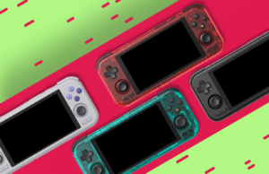 O melhor dispositivo Android que comprei nos últimos anos não foi um telefone ou tablet Um smartphone emulando um console portátil retrô, contra um fundo neon em estilo retrô.
