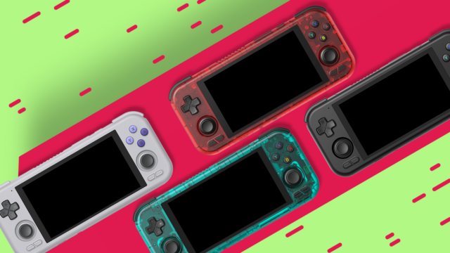 Um smartphone emulando um console portátil retrô, contra um fundo neon em estilo retrô.