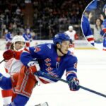 Gabe Perreault #94 do New York Rangers marca um gol durante o terceiro período no Madison Square Garden, sábado, 4 de abril de 2026, em Nova York, NY.