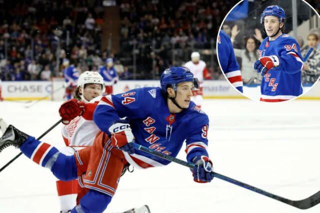 O novato Gabe Perreault adiciona o último recorde à promissora Gabe Perreault #94 do New York Rangers marca um gol durante o terceiro período no Madison Square Garden, sábado, 4 de abril de 2026, em Nova York, NY.