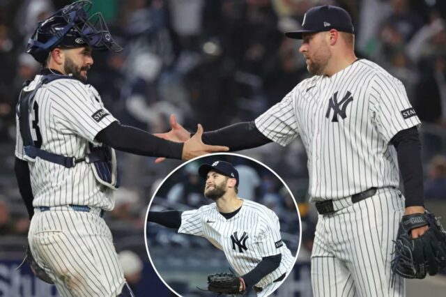 David Bednar comemora com Austin Wells depois de fechar a vitória de retorno dos Yankees por 5-3 sobre os A's em 7 de abril de 2026 no Stadium.