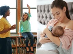 O ponto ideal para a amamentação que pode preparar seu filho para melhores notas em matemática e leitura Uma jovem com um longo rabo de cavalo sorri enquanto amamenta seu bebê na cama.