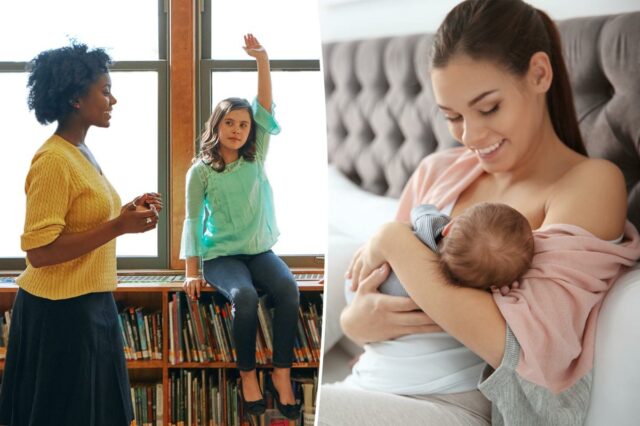 Uma jovem com um longo rabo de cavalo sorri enquanto amamenta seu bebê na cama.