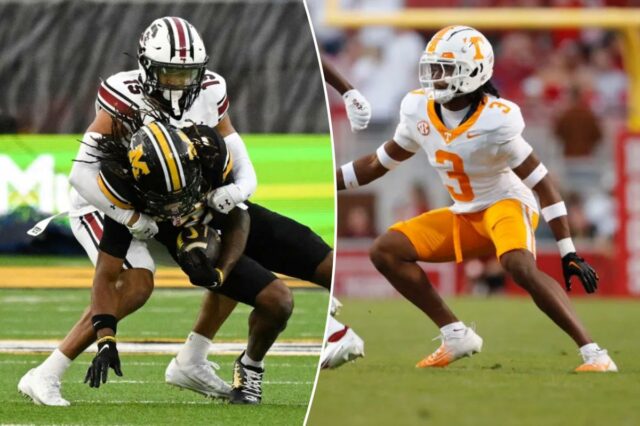 Brandon Cisse nº 15 do South Carolina Gamecocks enfrenta Marquis Johnson nº 2 do Missouri Tigers