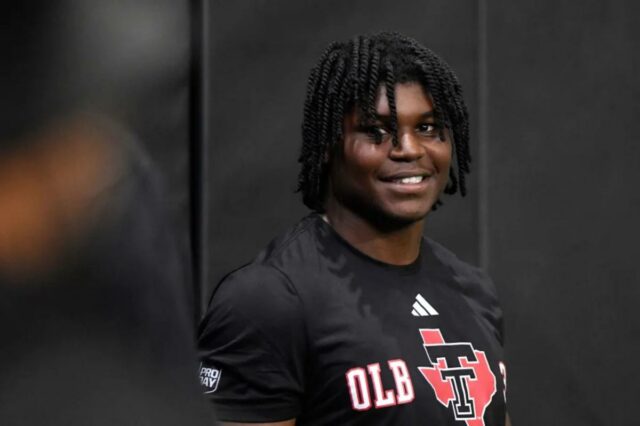 O que os Jets poderiam fazer no Edge Rusher no O linebacker da Texas Tech, David Bailey, comparece ao NFL Football Pro Day da escola, quinta-feira, 26 de março de 2025, em Lubbock, Texas.
