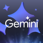 O logotipo Gemini no centro, cercado por estrelas flutuantes desfocadas em um fundo azul escuro