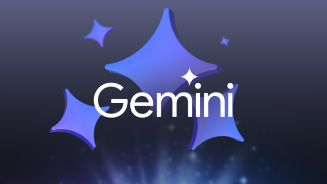 O logotipo Gemini no centro, cercado por estrelas flutuantes desfocadas em um fundo azul escuro