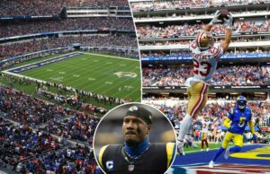 O safety dos Rams, Quentin Lake, teve uma reação chocante aos torcedores do 49ers que assumiram o SoFi Stadium Um grande estádio de futebol com um jogo em andamento, lotado de espectadores.