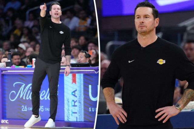 O técnico do Lakers, JJ Redick, amarra tênis Nike customizados O técnico do Lakers, JJ Redick, amarra tênis Nike customizados para o Mês de Aceitação do Autismo
