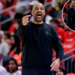 O técnico do Houston Rockets, Ime Udoka, grita e aponta do banco.
