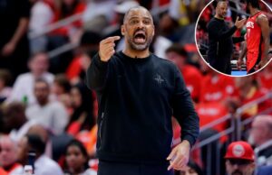 O técnico do Rockets, Ime Udoka, destrói jogadores após o colapso do jogo 3: ‘Crescer’ O técnico do Houston Rockets, Ime Udoka, grita e aponta do banco.