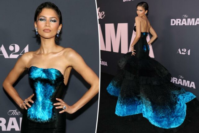 O vestido de penas da estreia de 'The Drama' em Nova York de Zendaya é coberto com 27 tons de 'algo azul'
