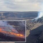 Vista ao vivo da lava derretida fluindo da cratera Halema'uma'u no vulcão Kīlauea.