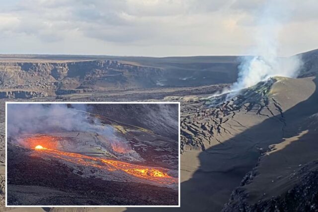Vista ao vivo da lava derretida fluindo da cratera Halema'uma'u no vulcão Kīlauea.
