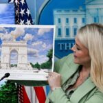 Representações artísticas e diagramas do novo arco triunfal do presidente dos EUA, Donald Trump.