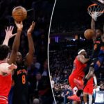 Knicks chuta enquanto o guarda Josh Giddey, número 3 do Chicago Bulls, defende durante o primeiro tempo no Madison Square Garden, sexta-feira, 3 de abril de 2026, em Nova York, NY.