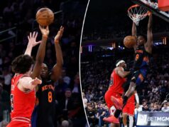 OG Anunoby ‘começando a entender’ que sua agressividade é a chave para o teto dos playoffs dos Knicks Knicks chuta enquanto o guarda Josh Giddey, número 3 do Chicago Bulls, defende durante o primeiro tempo no Madison Square Garden, sexta-feira, 3 de abril de 2026, em Nova York, NY.