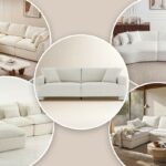 Um sofá secional modular em forma de L em branco sujo em uma sala de estar.