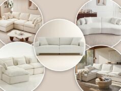 Obtenha o sofá em nuvem adorado pelas celebridades por menos na promoção Wayfair’s Way Day Um sofá secional modular em forma de L em branco sujo em uma sala de estar.