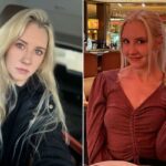 Lauren Harkins, uma mulher loira de olhos azuis, olha diretamente para a câmera enquanto veste um casaco preto fofo.