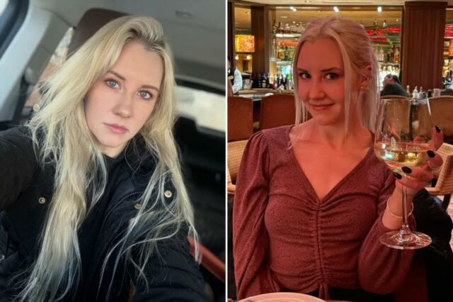 Lauren Harkins, uma mulher loira de olhos azuis, olha diretamente para a câmera enquanto veste um casaco preto fofo.