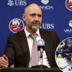 O técnico do New York Islanders, Peter DeBoer, fala à mídia na UBS Arena.