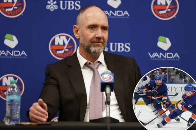 O técnico do New York Islanders, Peter DeBoer, fala à mídia na UBS Arena.
