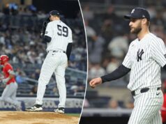 Os Yankees enviam Jake Bird para os menores depois que o home run de Mike Trout aumenta as dificuldades O arremessador do New York Yankees, Jake Bird #59, reage enquanto caminha de volta para o banco de reservas após terminar a 6ª entrada.