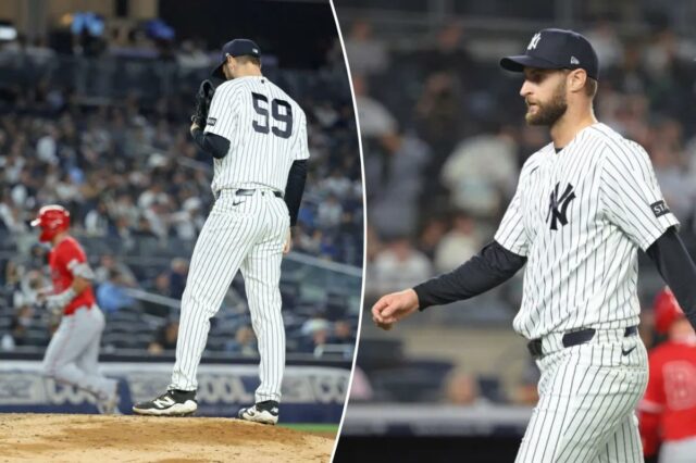 Os Yankees enviam Jake Bird para os menores depois que O arremessador do New York Yankees, Jake Bird #59, reage enquanto caminha de volta para o banco de reservas após terminar a 6ª entrada.