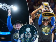 Os campeões estão aqui! Seleção feminina de basquete da UCLA homenageada no jogo Lakers-Thunder O time de basquete feminino da UCLA é homenageado no meio da quadra durante a vitória do Thunder por 123-87 sobre o Lakers em 7 de abril de 2026 em Los Angeles.