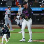 O arremessador do New York Mets, Austin Warren (44), comemora a saída da nona entrada.