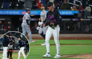 Os fãs do Mets cantam sarcasticamente ‘MVP’ para o apaziguador que misericordiosamente encerrou feio a nona entrada O arremessador do New York Mets, Austin Warren (44), comemora a saída da nona entrada.