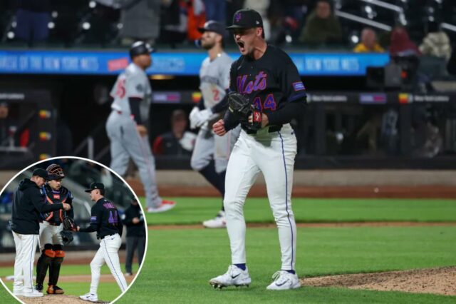 O arremessador do New York Mets, Austin Warren (44), comemora a saída da nona entrada.
